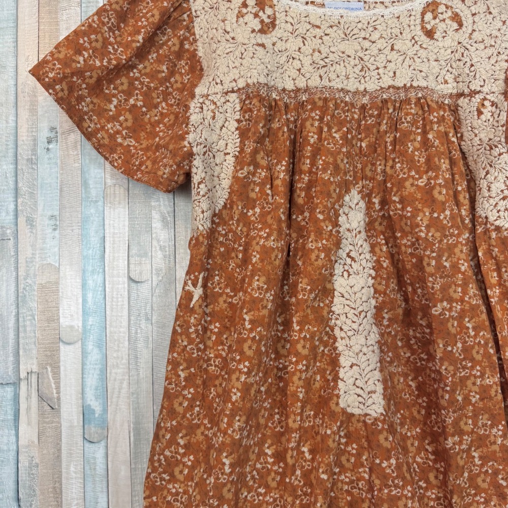 Mi Golondrina Mexico Hand Embroidered Floral Mini A Line Dress Rust 2X XXL XL - Picture 4 of 6